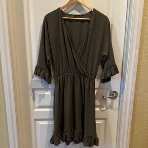 Boohoo Green Wrap Midi Dress with Ruffled Cuffed Sleeves
